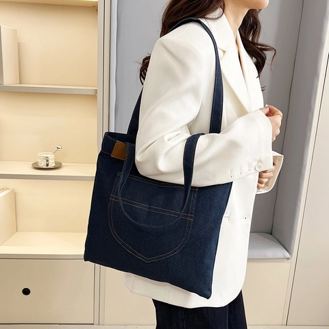 Women Large Capacity Denim Tote Bag Vintage Casual Dark Blue Canvas Shoulder Bag With Leather Patch For Daily Shopping Travel