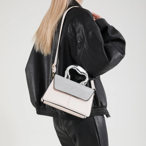 Bolso de Mano de Moda para Mujer de Cuero PU con Empalme de Bloques de Color Solapa de Strass y Mango de Metal Irregular