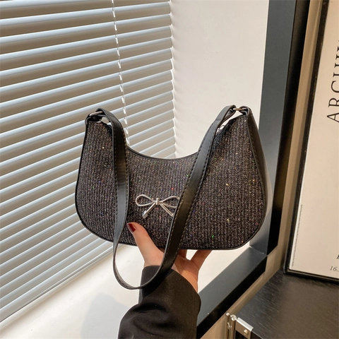 Damen Glitzer Pailletten Unterarmtasche Mit Metallschleife Halbmond Hobo Schultertasche Für Party Abend Täglich