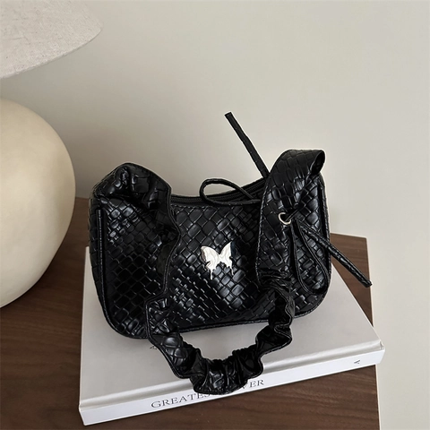 Bolso de Hombro Tejido para Mujer Vintage Color Sólido Bolso Hobo de Media Luna Con Hebilla de Mariposa de Metal Correa con Volantes