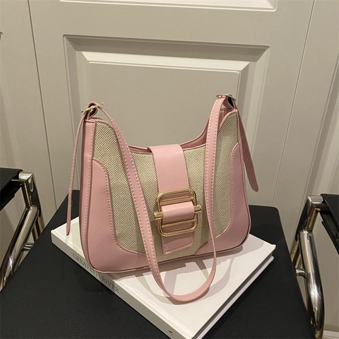 Korean Style Spliced Canvas PU Leather Shoulder Bag Contrast Color Square Crossbody Bag Fashion Trendy Handbag Underarm Bag