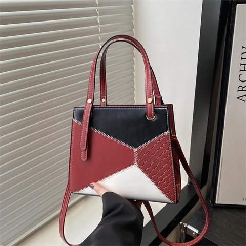 Women Geometric Patchwork PU Leather Shoulder Bag Contrast Stitching Handbag Trendy Crossbody Bag With Top Handle