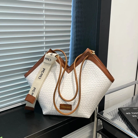 Damen PU-Leder Tragetasche Mit Großer Kapazität Vintage V-Ausschnitt Webmuster Schultertasche Pendler Alltagshandtasche