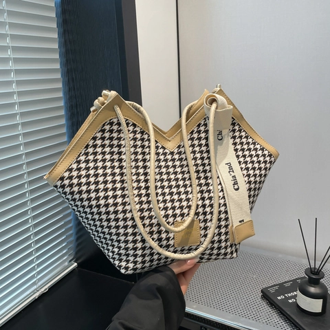 Vintage Hahnentritt Tote Bag Voor Vrouwen Grote Capaciteit PU Stof Patchwork Schoudertas Met Letterlint Casual Woon-werkverkeer Handtas