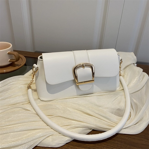 Bolso de Axila de Cuero PU para Mujer Bolso de Hombro Minimalista Color Sólido Con Hebilla Dorada Grande de Moda