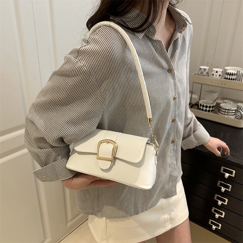 Bolso de Axila de Cuero PU para Mujer Bolso de Hombro Minimalista Color Sólido Con Hebilla Dorada Grande de Moda
