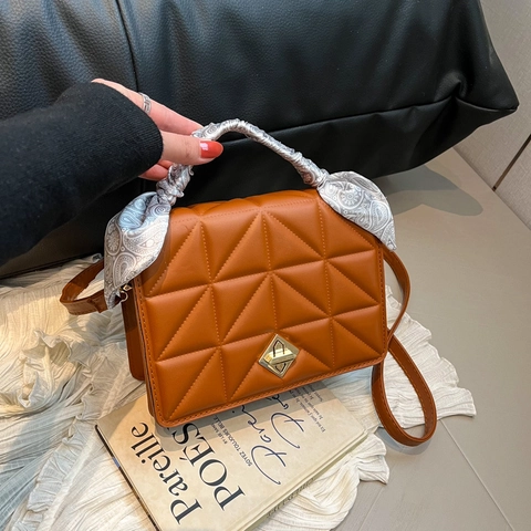 Women Quilted Crossbody Bag With Scarf Handle PU Leather Geometric Lattice Shoulder Bag Square Tote Bag With Metal Lock