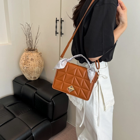 Women Quilted Crossbody Bag With Scarf Handle PU Leather Geometric Lattice Shoulder Bag Square Tote Bag With Metal Lock