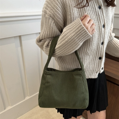 Women Casual Corduroy Underarm Bag Simple Solid Color Shoulder Bag Versatile Ribbed Texture Handbag Retro Tote Bag Daily Fashion