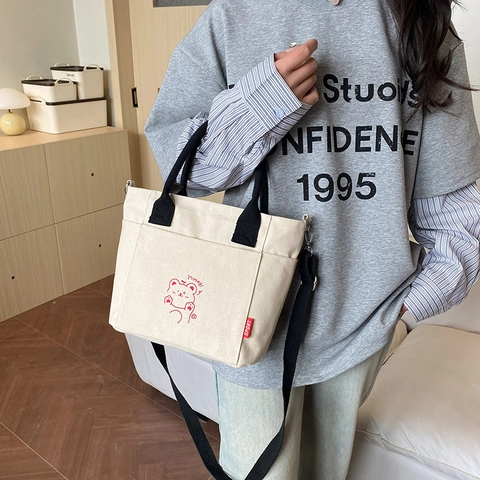 Borsa Tote in Tela Leggera da Donna Stile Coreano Orso Cartone Animato Stampato Borsa a Tracolla Grande Capacità Borsa Casual