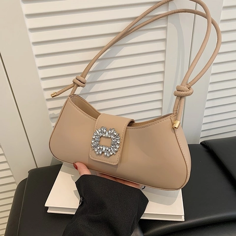 Borsa Sottobraccio da Donna in Pelle PU Con Fibbia Quadrata in Strass Elegante Borsa a Tracolla Vintage Casual Tote Borsa