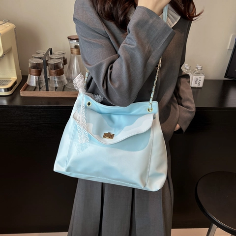 Women Fashion PU Leather Shoulder Bag With Lace Bow Sweet Chain Strap Turn Lock Crossbody Tote Bag For Daily Commute Dating
