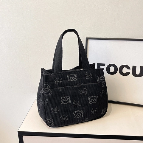 Fashion Corduroy Tote Handbag Women Large Capacity Cartoon Bear Smile Printed Portable Casual Commuter Shopping Storage Bag