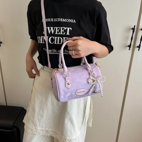 Sac à Main Boston en Cuir PU Imprimé Serpent Vintage Femme Sac Bandoulière Élégant Avec Nœud en Perles Artificielles Sacoche