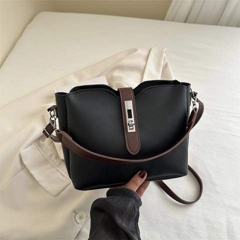 Bolso Cubo Vintage de Cuero PU para Mujer Bolso Bandolera Color Contraste Con Cerradura de Metal Plateado Asa Para Uso Diario