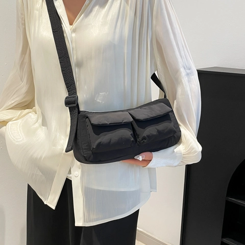 Women Casual Nylon Crossbody Bag Lightweight Multi-Pocket Shoulder Bag Solid Color Utility Bag For Daily Travel Commuting
