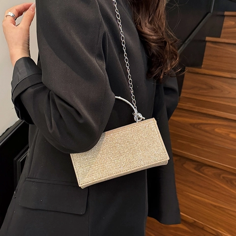 Bolso de Noche Elegante con Purpurina para Mujer Con Asa Circular de Metal Color Sólido Fiesta Boda Bolso Bandolera Cuadrado de Lujo