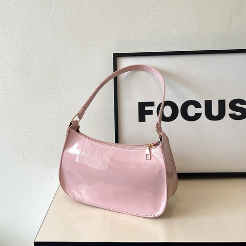 Women's Crescent Hobo Underarm Bag Minimalist PU Leather Glossy Patent Shoulder Bag Solid Color Chic Trendy Handbag