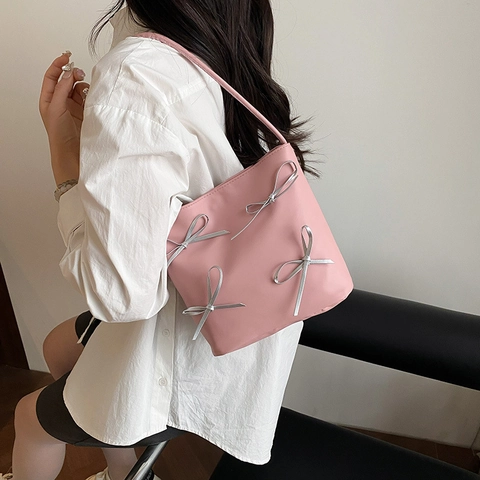 Bolso de Hombro con Lazo Dulce para Mujer Bolso de Axila de Cuero PU Moderno Color Sólido Bolso de Mano para Diario