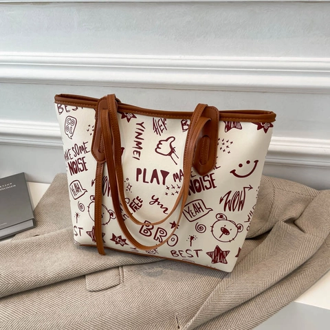 Große Kapazität Tote Bag Damen Street Graffiti Druck PU Leder Schultertasche Casual Pendler Handtasche Buchstaben Muster Tasche