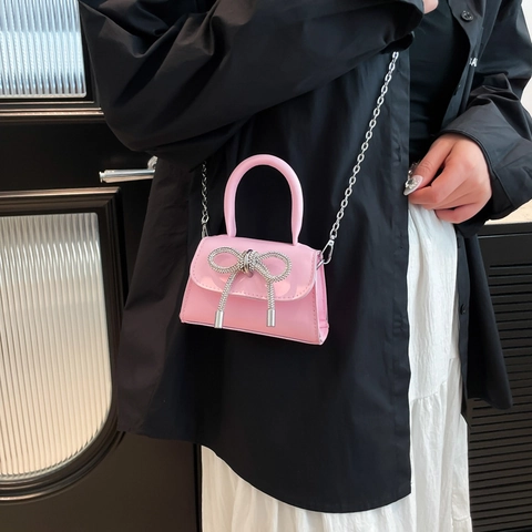 Elegante Bolso de Mano Mini con Lazo de Strass para Mujer Bolso Bandolera de Cuero PU con Cadena de Plata Moda Bolso de Noche