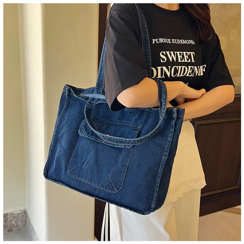 Damen Große Denim Tragetasche Japanischer Minimalismus Vintage Lässig Schultertasche Mit Vorne Klappentasche Große Kapazität Shopper