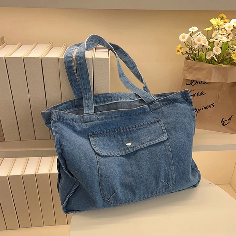 Women Denim Tote Bag Large Capacity Minimalist Casual Solid Color Jean Shoulder Bag For Work Travel Commuting Daily Bag