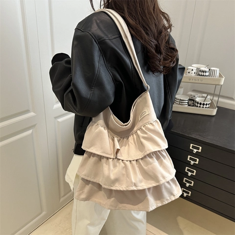 Ruffled Tiered Tote Bag For Women Large Capacity Pleated Shoulder Bag Lightweight Polyester Casual Crossbody Bag Fashion Daily Handbag