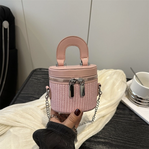 Borsa a Tracolla Intrecciata Cilindrica da Donna Mini Borsa a Mano in Pelle PU Con Tracolla a Catena Street Trendy Box Bag