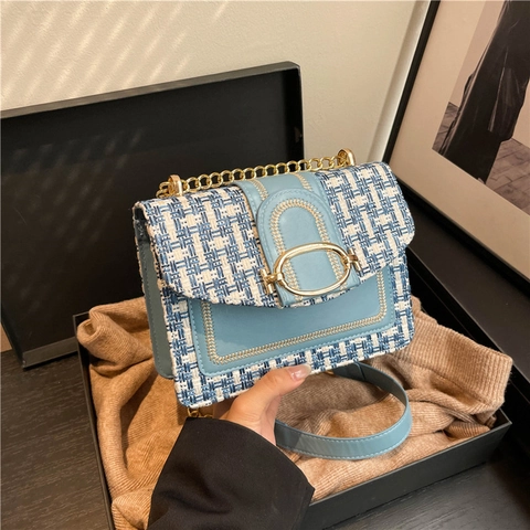 Bolso Bandolera Vintage de Tweed y Cuero PU para Mujer Correa de Cadena Dorada Bolso de Hombro Cuadrado Elegante Versátil