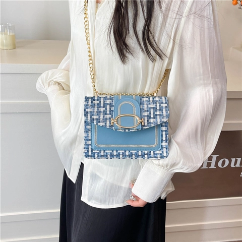 Bolso Bandolera Vintage de Tweed y Cuero PU para Mujer Correa de Cadena Dorada Bolso de Hombro Cuadrado Elegante Versátil