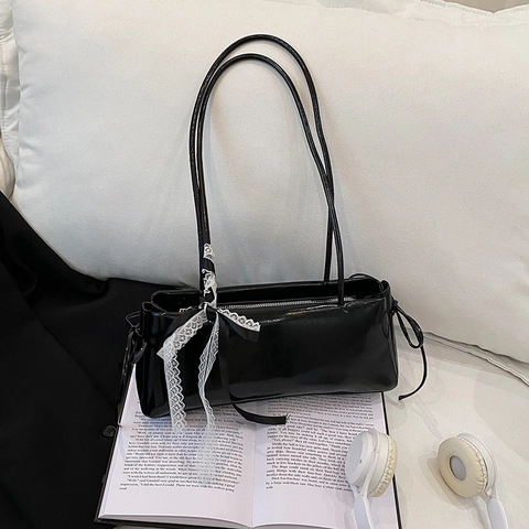 French Style Women Artificial Leather Shoulder Bag Lace Bow Decoration Solid Color Elegant Underarm Bag For Daily Party Travel