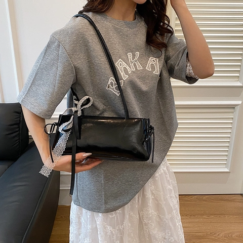 French Style Women Artificial Leather Shoulder Bag Lace Bow Decoration Solid Color Elegant Underarm Bag For Daily Party Travel