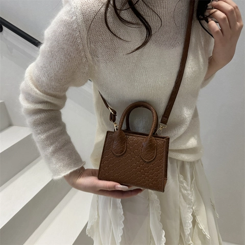 Dames Minimalistische Mini PU-Leder Geweven Reliëf Crossbodytas Kleine Vierkante Handtas Voor Stedelijk Pendelen Mode Handtas