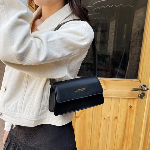 Bolso de Hombro Minimalista de Cuero de PU para Mujer Estampado de Letras de Moda Bolso Axilar Color Sólido Bolso de Mano Cuadrado Pequeño para Ocio Diario