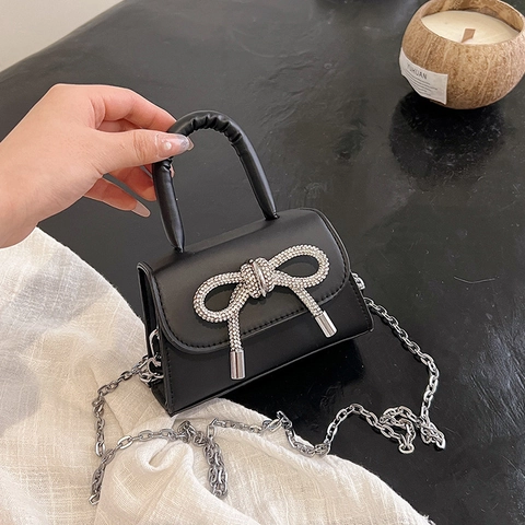 Mini PU Crossbody Bag Rhinestone Bowknot Top Handle Elegant Metallic Chain Shoulder Small Square Summer Fashion Party Bag