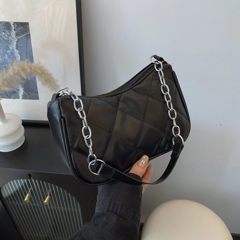 Damen Gesteppt PU Leder Unterarmtasche Silberkette Rautenmuster Schultertasche Street Style Casual Chic Halbmond Handtasche Reisetasche