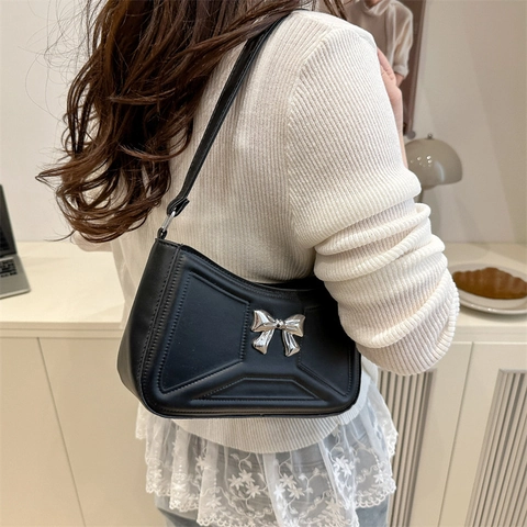 Damen Schicke PU Leder Schleife Unterarm Schultertasche Gesteppt Einfarbig Handtasche Für Den Täglichen Mode Trendige Dame Tasche