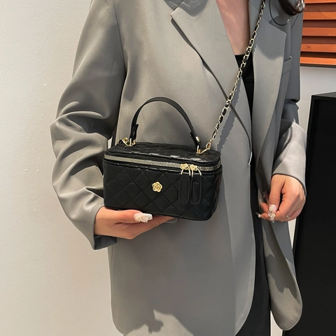 Bolso Bandolera de Caja de Cuero PU Acolchado para Mujer Bolso de Mano de Moda con Decoración de Camelia Correa de Cadena