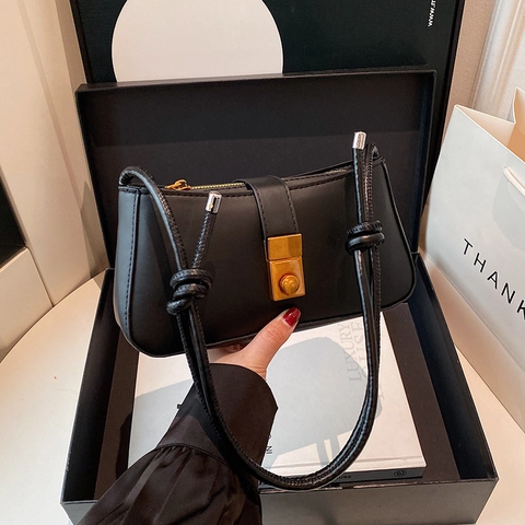 Fashion PU Leather Underarm Bag For Women Retro Metal Lock Knot Strap Crossbody Shoulder Bag Street Minimalist Square Bag