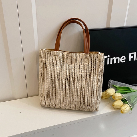 Borsa Tote in Paglia Intrecciata Estiva Grande Capacità Fibbia Magnetica Borsa a Secchiello da Spiaggia Casual Vacanza Donna