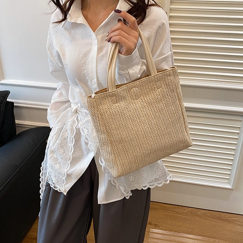 Borsa Tote in Paglia Intrecciata Estiva Grande Capacità Fibbia Magnetica Borsa a Secchiello da Spiaggia Casual Vacanza Donna