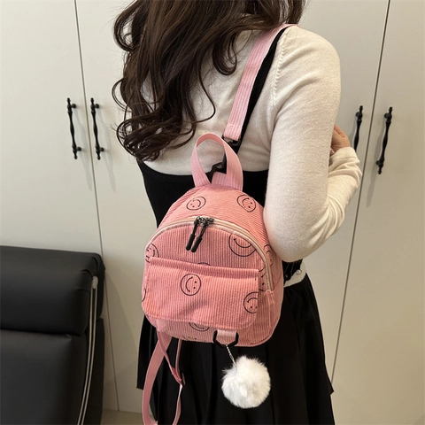 Korean Style Mini Corduroy Backpack Cute Smiley Face Print Casual Commuter School Bag For Women Daily Travel