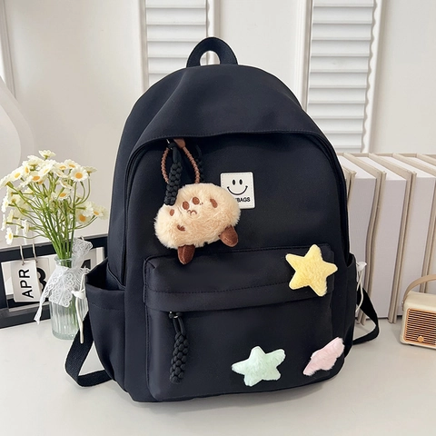 Großer Damen Nylon Rucksack Student Schultasche Leicht Freizeit Daypack Mit Plüsch Anhänger Stern Dekoration