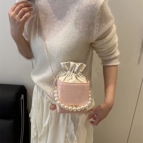Borsa a Tracolla Donna in Pelle PU con Motivo Serpente Manico di Perle Borsa a Secchiello con Coulisse Catena d'Oro