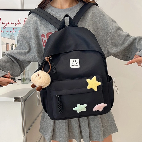 Großer Damen Nylon Rucksack Student Schultasche Leicht Freizeit Daypack Mit Plüsch Anhänger Stern Dekoration