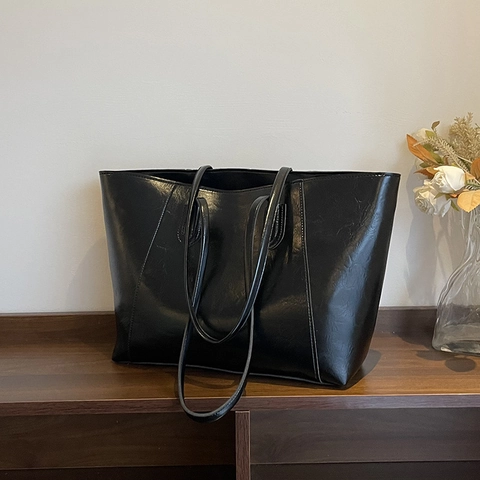 Women Large Capacity Tote Bag PU Leather Shoulder Bag Casual Minimalist Stitched Commuter Underarm Bag Solid Color Handbag