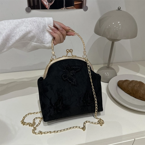 Sac Bandoulière Femme Rétro Français Avec Applique Papillon Broderie Fermoir Kiss Lock Chaîne Sac à Épaule Sac de Soirée Élégant