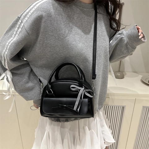 Borsa a Tracolla Boston in PU Dolce da Donna Moda Fiocco Nastro Plaid Borsa a Mano Grande Capacità Tinta Unita Donna