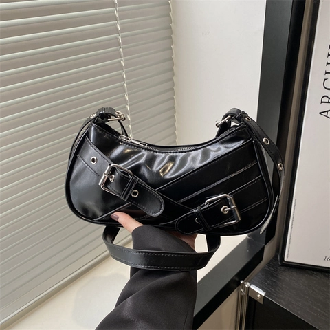 Women Glossy PU Leather Baguette Shoulder Bag Vintage Metal Buckle Y2K Underarm Hobo Bag Daily Fashion Crossbody Handbag